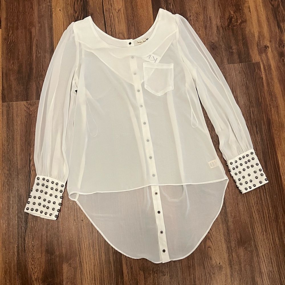 Double Zero White Long Sleeve Blouse with Gem sleeves